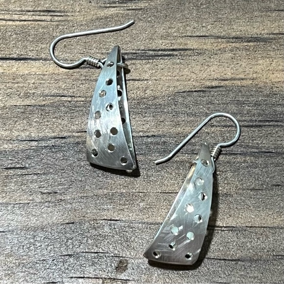 Dangle Earrings Pierced Geometric Cutout Sterling Silver Modernist‎ Style - Picture 2 of 3